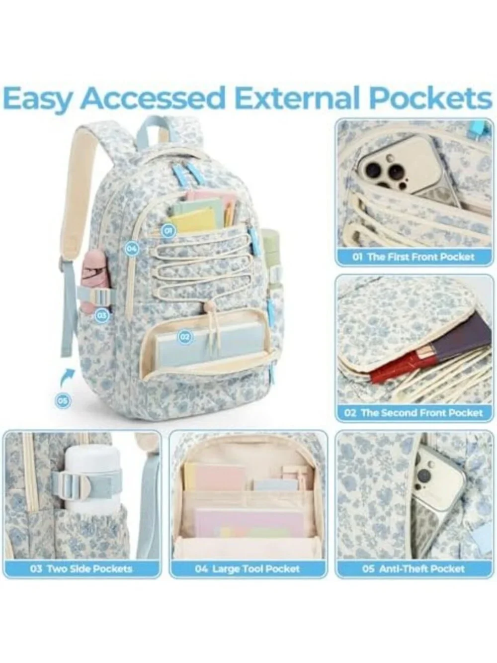 Cute Quilted Lightweight Backpack for Women, Multi-Pocket Anti-Theft Bookbag